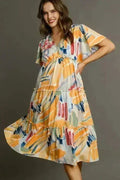 Robe mi-longue Umgee à imprimé abstrait – Manches volantées et volants étagés
