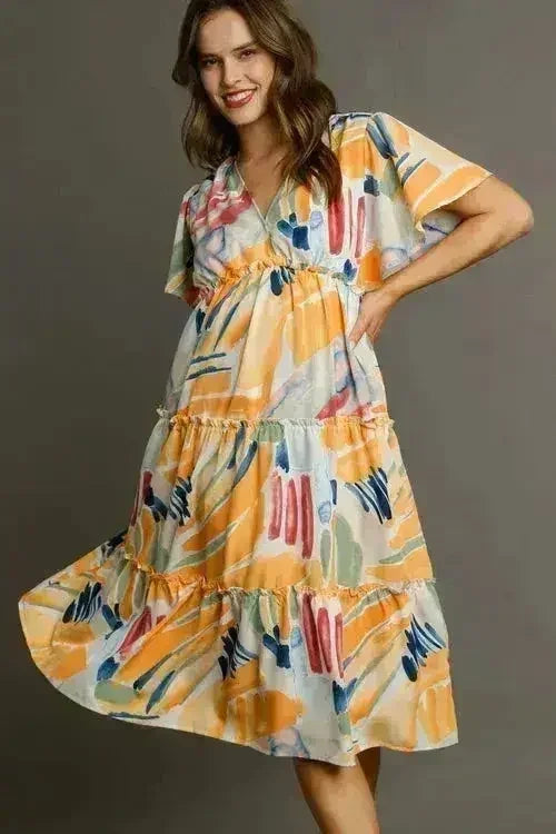 Robe mi-longue Umgee à imprimé abstrait – Manches volantées et volants étagés