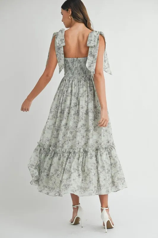 Robe midi froncée à imprimé floral et bretelles à nouer pour femme – Robe midi froncée pour l'été, Robe à imprimé floral, Robe à bretelles à nouer, Robe midi féminine, Robe chic pour événements