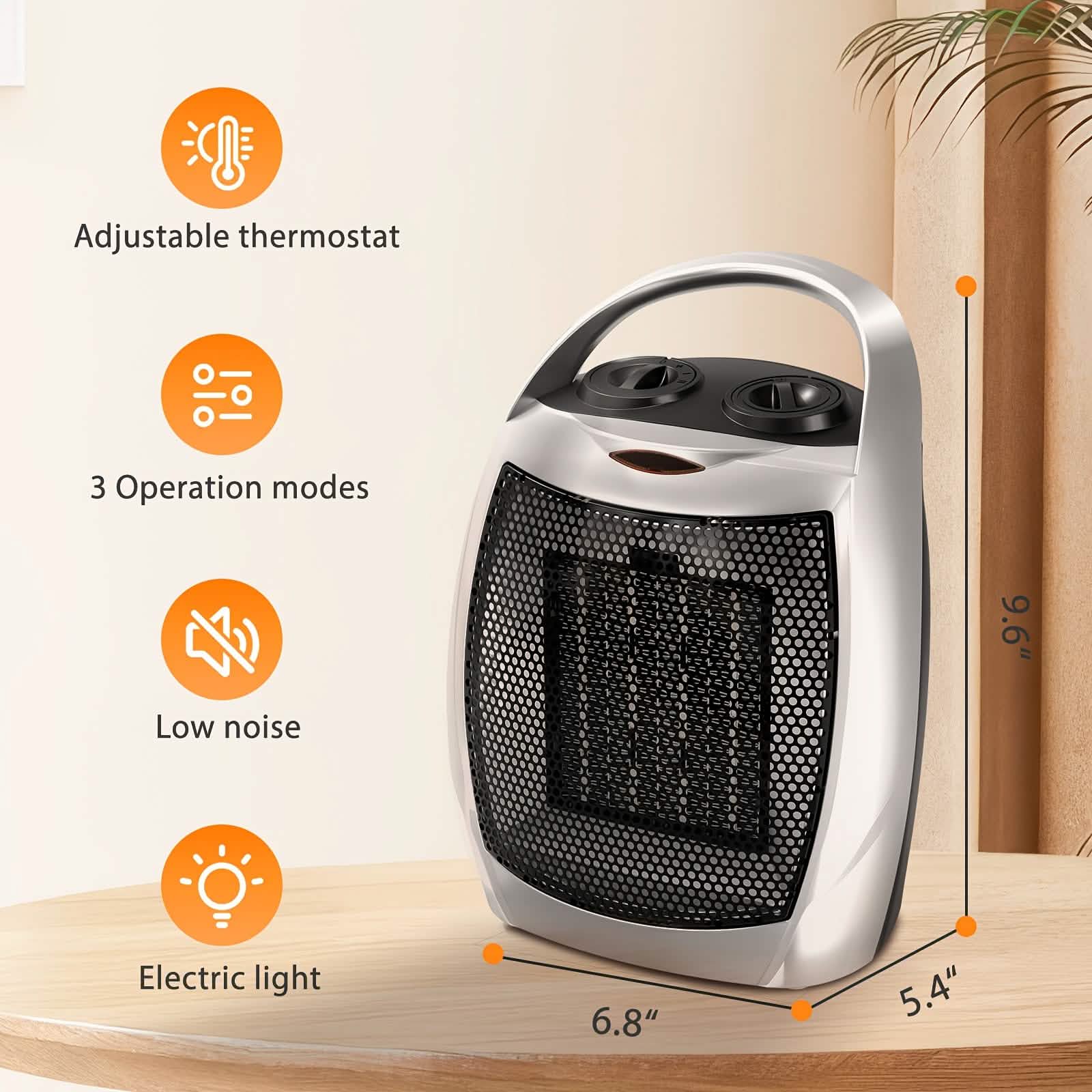 Chauffage d'appoint en céramique portable 1500W avec thermostat, protection de sécurité et poignée de transport