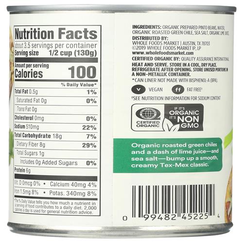 Whole Foods Market, Haricots frits biologiques Piment rôti et citron vert, 450 g