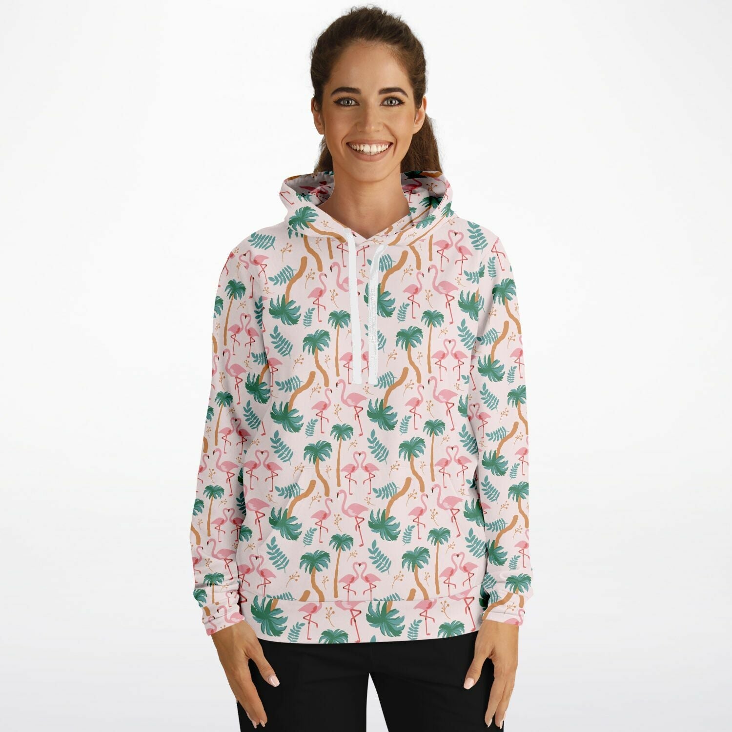 Sweat à capuche motif floral tropical flamant rose