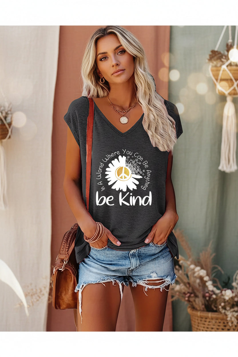 Lot de 2 hauts t-shirts à col en V imprimé graphique Fleurs Sauvages