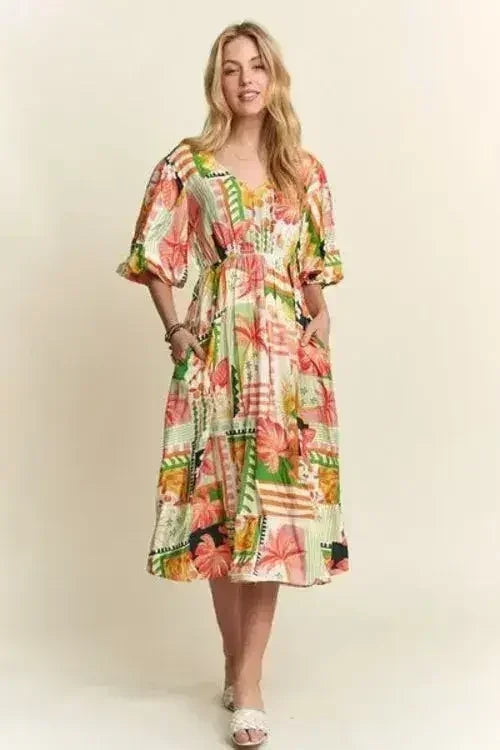 Robe mi-longue d'été florale à col en V et manches bouffantes – femstylo
