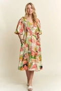 Robe mi-longue d'été florale à col en V et manches bouffantes – femstylo