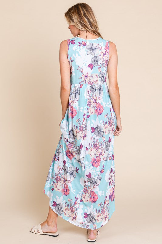 Nouvelle robe longue sans manches à col rond et imprimé floral avec poches pour femme – Robe élégante à imprimé floral, silhouette fluide et poches fonctionnelles
