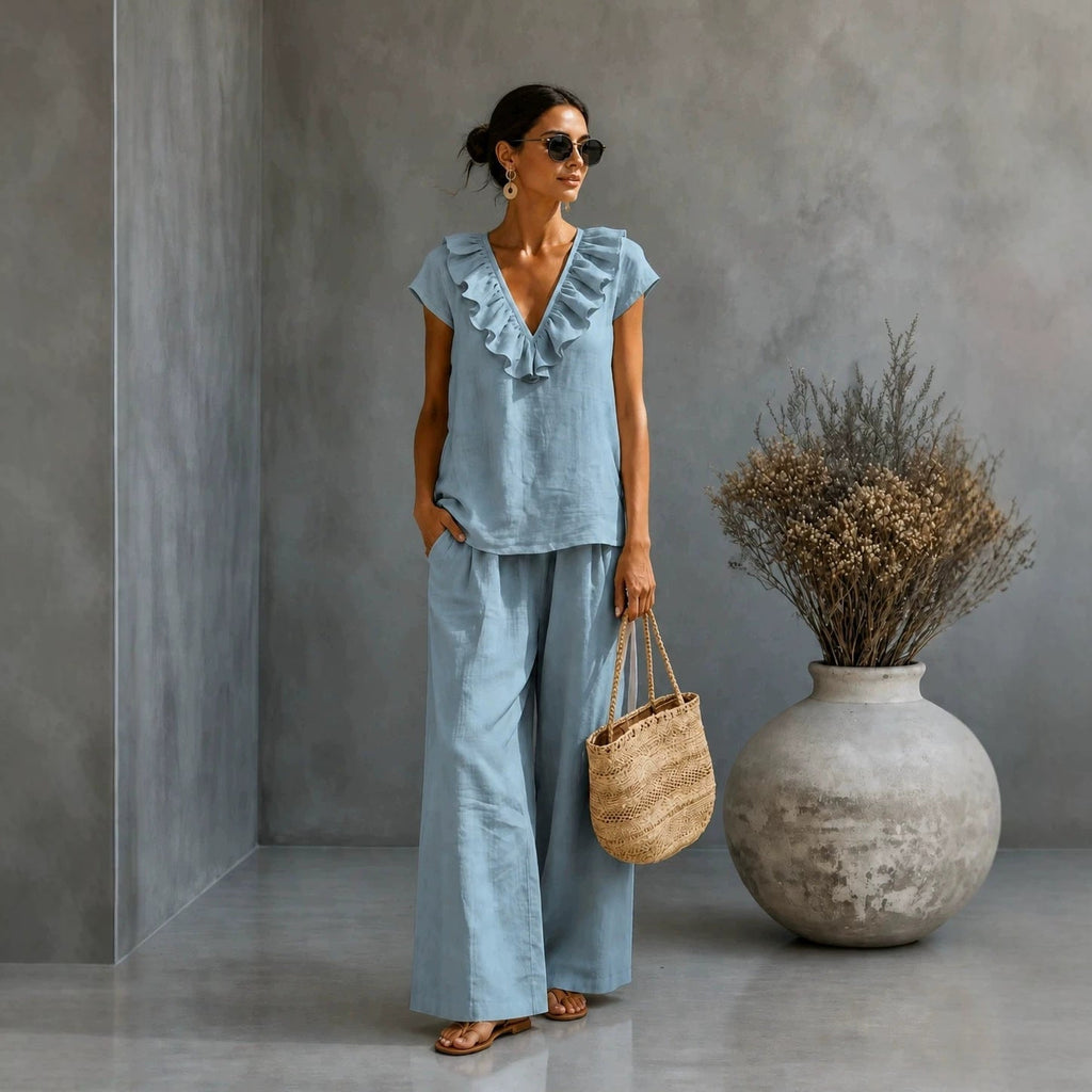 Ensemble deux pièces pour femme : haut à encolure en V et ourlet à volants et pantalon large