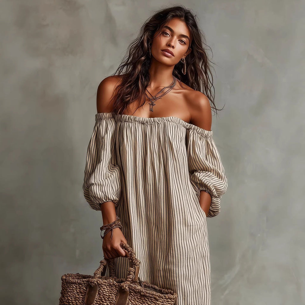 Robe longue femme à épaules dénudées et manches longues