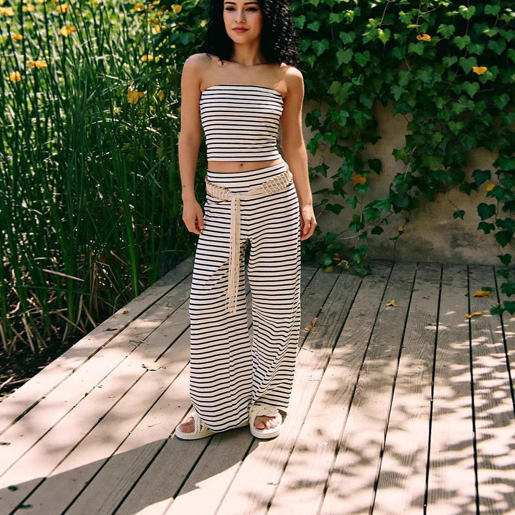 Ensemble Haut Bandeau Rayé et Pantalon Femme – Tenue Assortie 2 Pièces en Modal