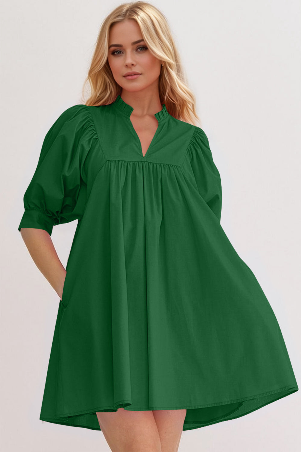 Mini-robe rose à manches bouffantes Robe décontractée et féminine pour femme Robe d'été simple et classique