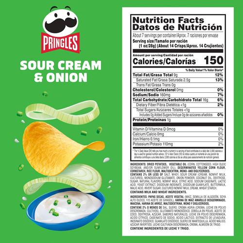 Pringles Chips de pommes de terre, collations pour le déjeuner, collations nomades, format familial, Crème sure et Oignon, boîte de 7,1 oz (1 boîte)