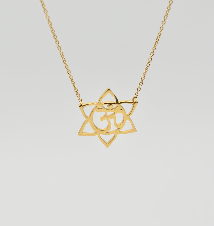 Gold Lotus Om Necklace – 14k Gold Filled, Dainty Yoga Jewelry, 17" Handmade Necklace