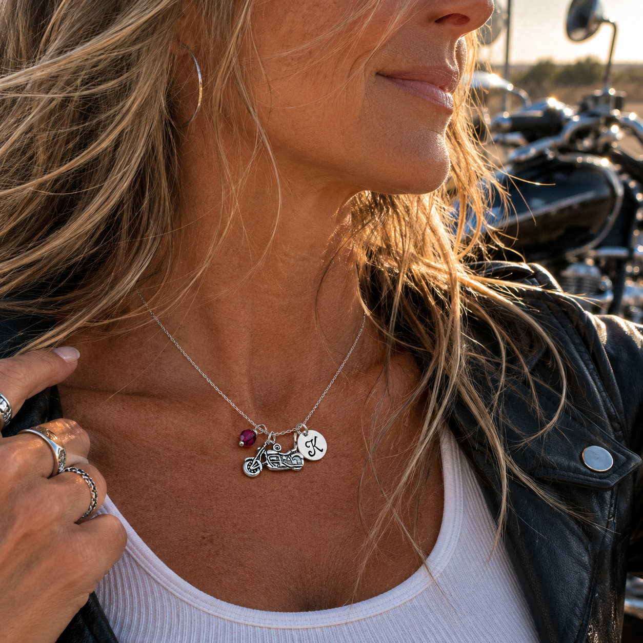 Collier Moto Personnalisé – Argent Sterling avec Pierre de Naissance ou Perle
