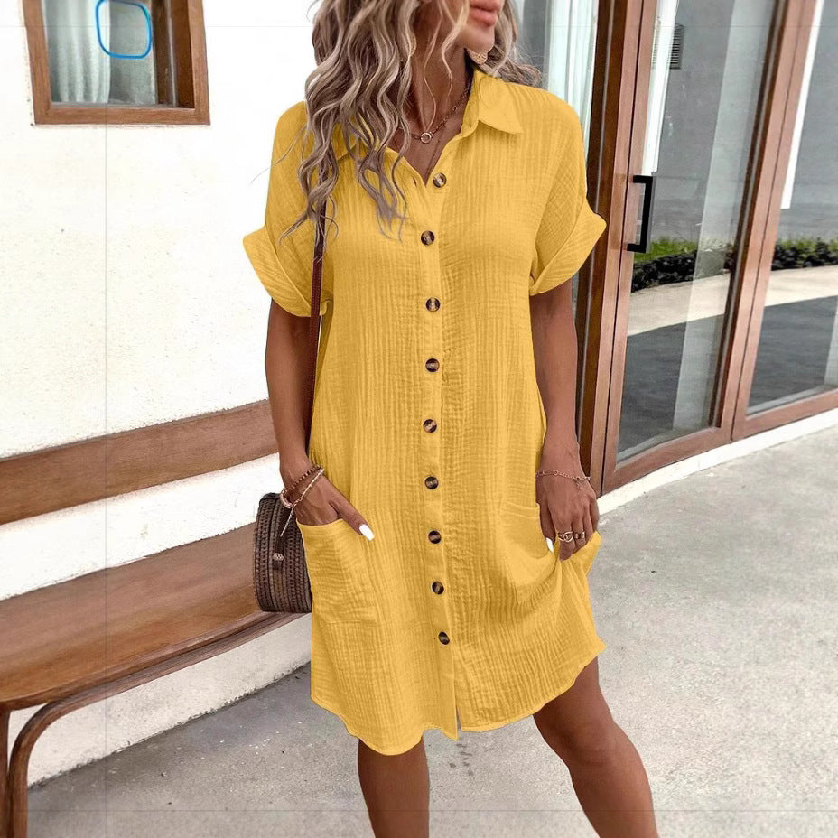 Robe Chemise Midi Décontractée ample à Manches Courtes pour Femme – Boutonnée