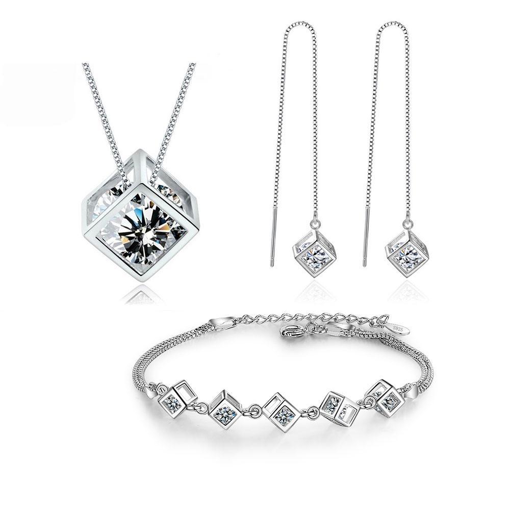 Nouveaux bijoux de luxe estampillés couleur argent Zircon élégant collier, boucles d'oreilles et bracelet en forme de cube carré pour femmes