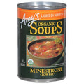 Amy’s Soupe Minestrone Végétalienne Légère en Sodium, Faite avec des Légumes Biologiques, des Haricots et des Pâtes dans un Bouillon de Tomate, Soupe en Conserve, 399 g