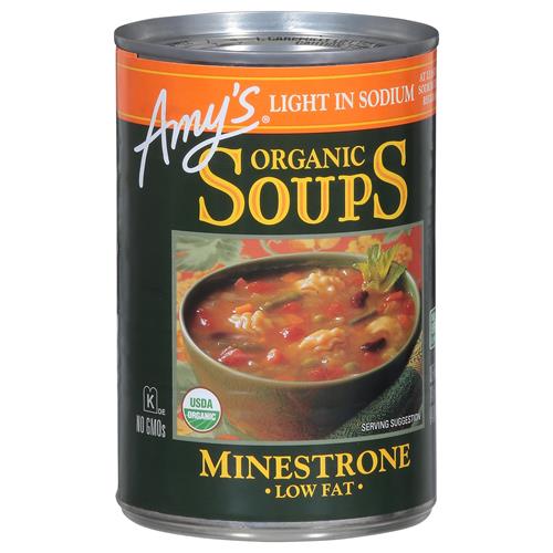 Amy’s Soupe Minestrone Végétalienne Légère en Sodium, Faite avec des Légumes Biologiques, des Haricots et des Pâtes dans un Bouillon de Tomate, Soupe en Conserve, 399 g