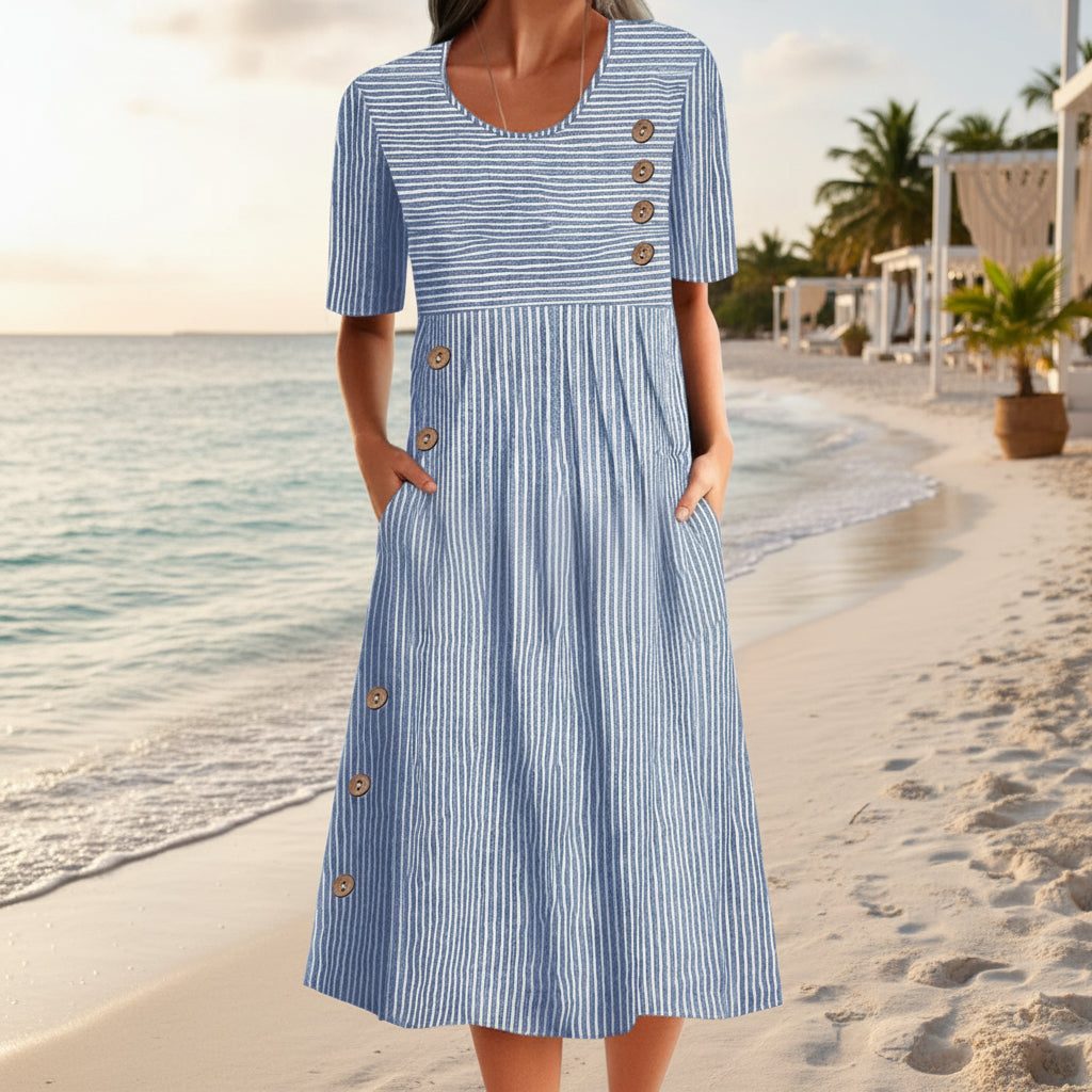 Robe longue trapèze boutonnée à manches courtes et poches
