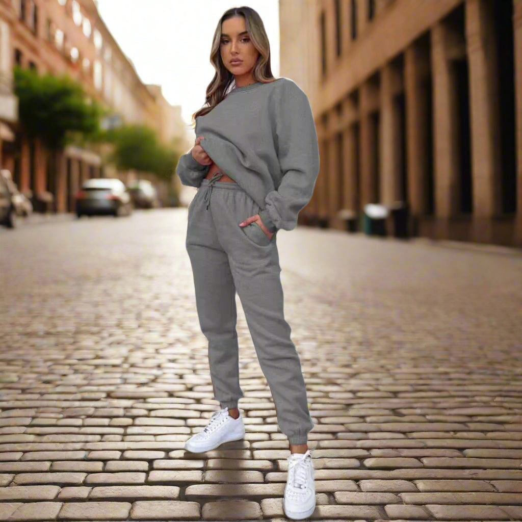 👚 Ensemble pantalon et sweat-shirt uni à col rond pour femme