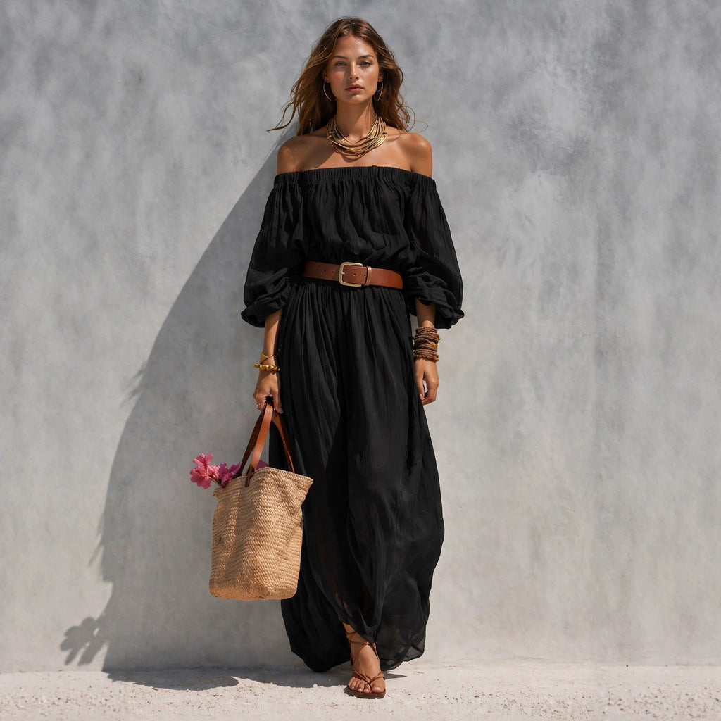 Robe longue sans manches en coton et lin à col bateau pour femme