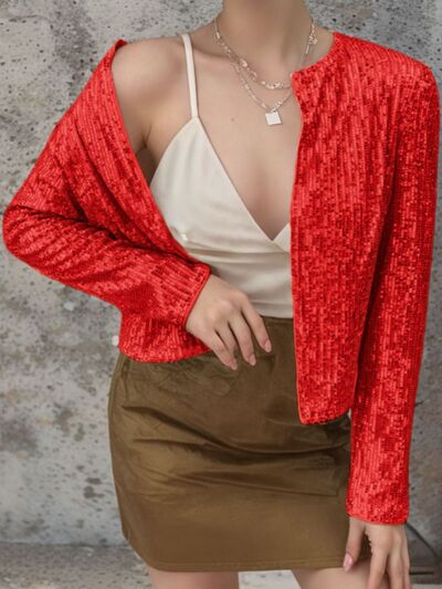 Veste courte élégante à sequins ouverte sur le devant pour femme avec des paillettes glamour, Veste de soirée de luxe pour femme
