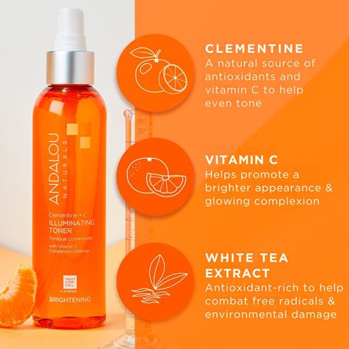 Andalou Naturals, Toner Facial Tonique Hydratant Équilibre le pH de la peau pour une peau nette et uniforme, Clémentine Plus C, 177 ml