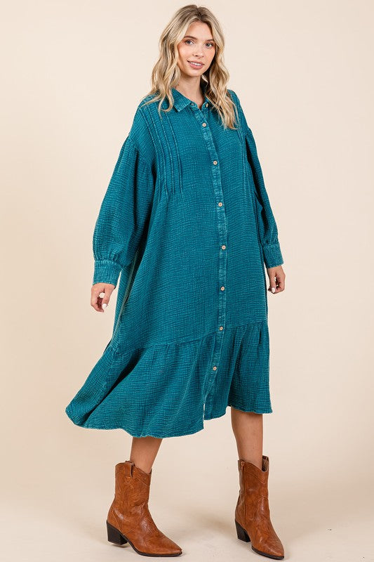 Nouvelle robe chemise longue à volants en gaze de coton délavée pour femme – Un design tendance, chic, décontracté et féminin pour toute occasion