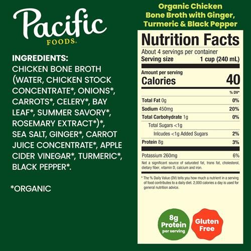 Bouillon d'os de poulet bio au gingembre, curcuma et poivre noir Pacific Foods, carton de 946 ml