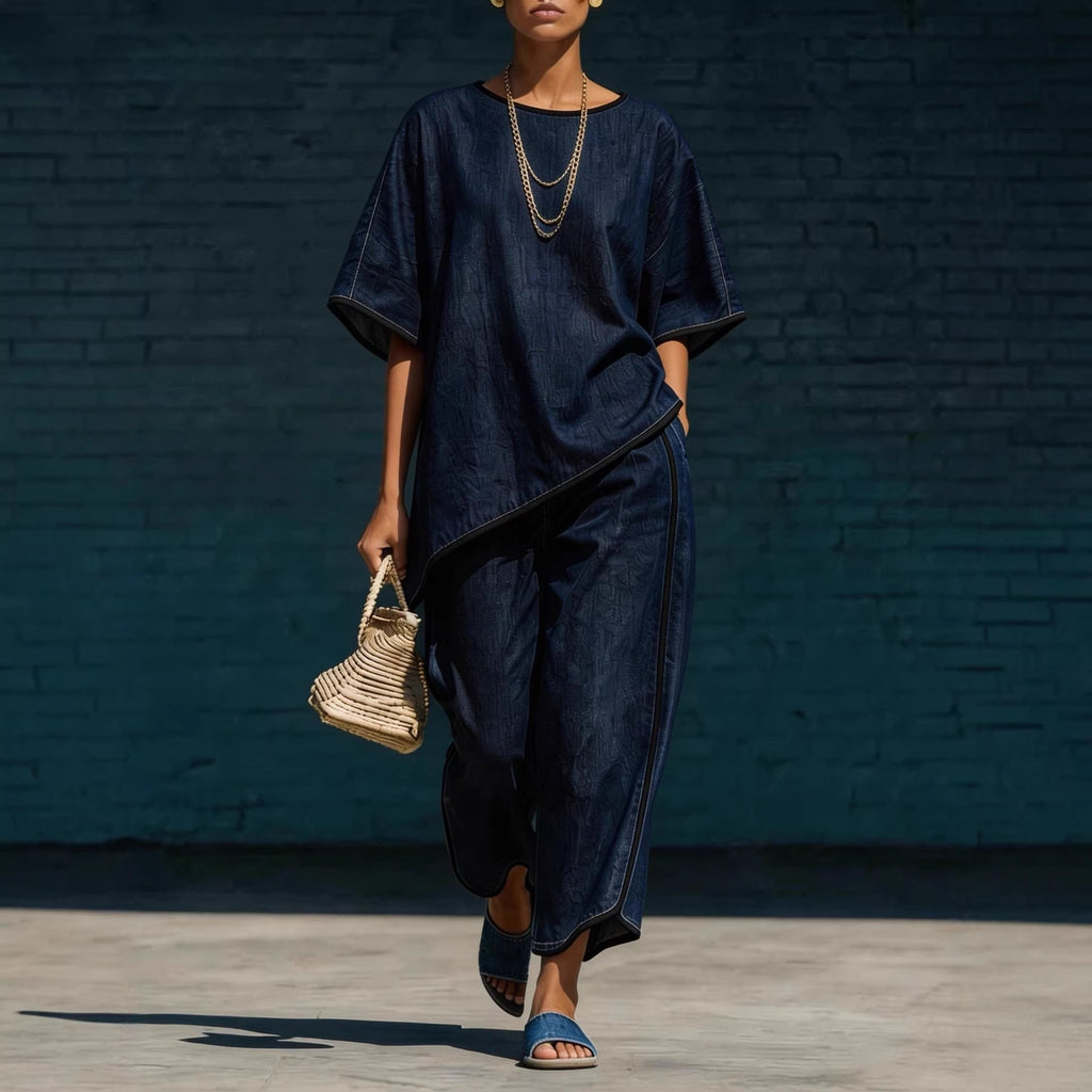 Ensemble tricot haut et pantalon ample en jean pour femme – 2 pièces décontracté
