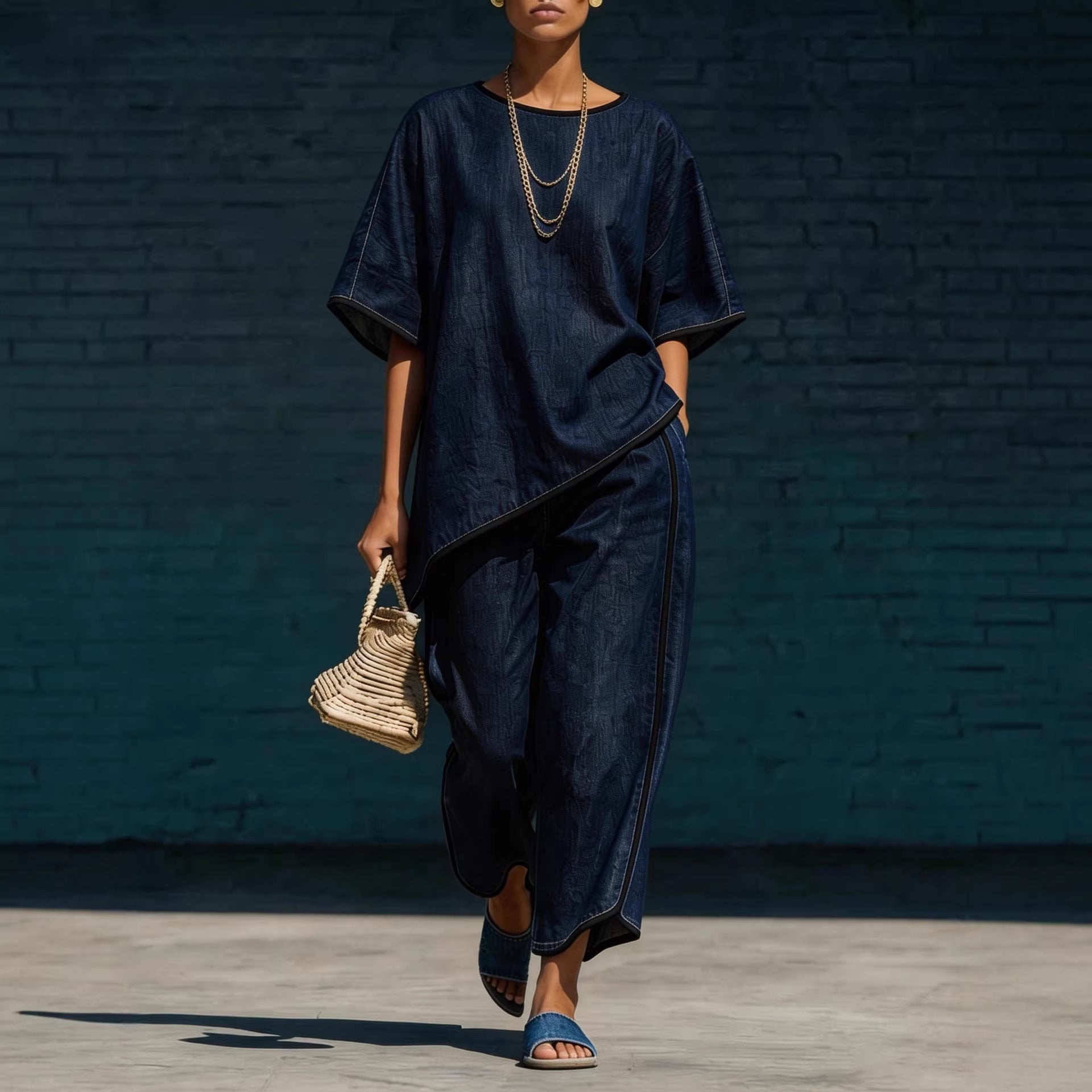 Ensemble tricot haut et pantalon ample en jean pour femme – 2 pièces décontracté
