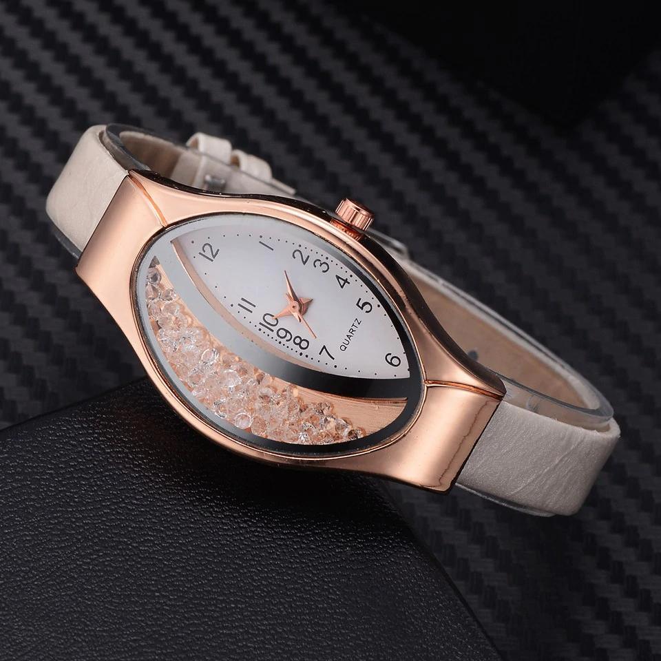 Montre de luxe Ellipse en PU à bracelet en cuir pour femmes, montre-bracelet à quartz sport en strass pour femmes et jeunes filles
