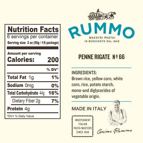 Rummo Gluten Free Penne Rigate N.66 - Gluten Free Pasta, Made With Corn & Rice, Penne Pasta Noodles, Pasta From Italy - 12 Ounce (Pack Of 1)