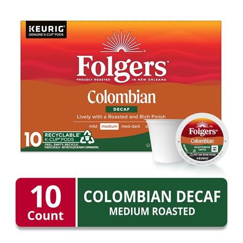 Café décaféiné Folgers Colombian, torréfaction moyenne, capsules Keurig K-Cup, boîte de 10 unités