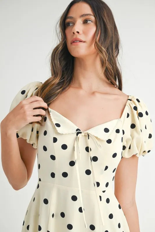 Robe mi-longue à pois et manches bouffantes pour femmes – Robe vintage à pois et volants, Robe féminine à manches bouffantes, Robe mi-longue rétro, Robe chic classique