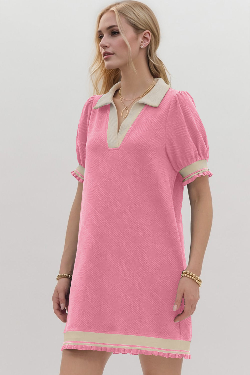 Robe Courte Tendance à Manches Courtes Contrastées, Douce et Confortable, Décontractée pour Femmes