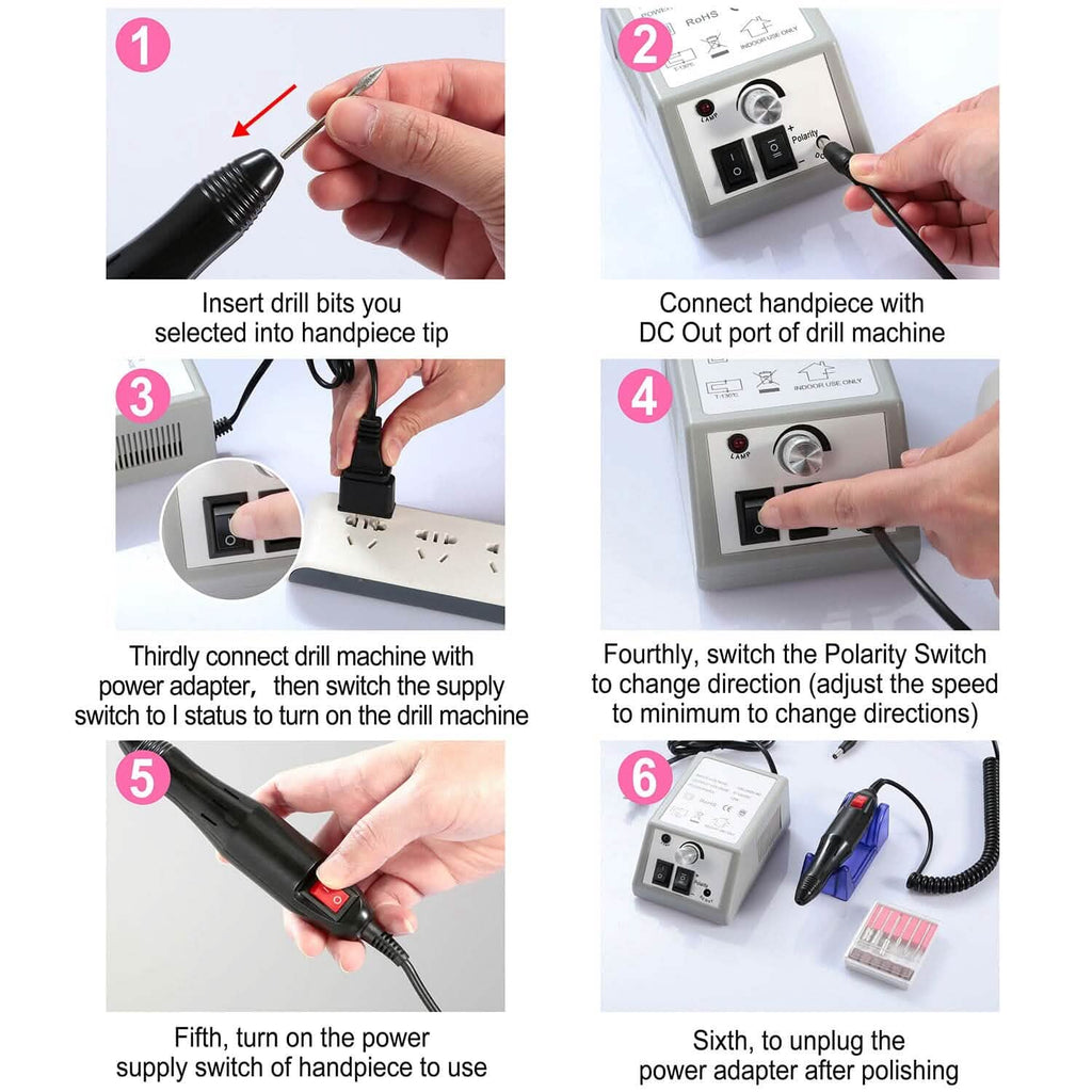 Ponceuse à Ongles Électrique 20000 tr/min avec 6 Embouts pour Manucure et Pédicure