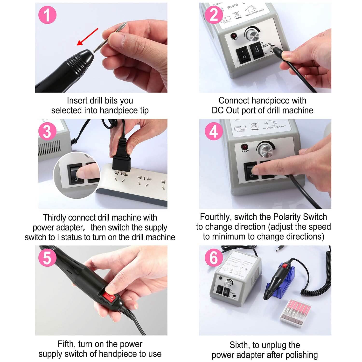 Ponceuse à Ongles Électrique 20000 tr/min avec 6 Embouts pour Manucure et Pédicure