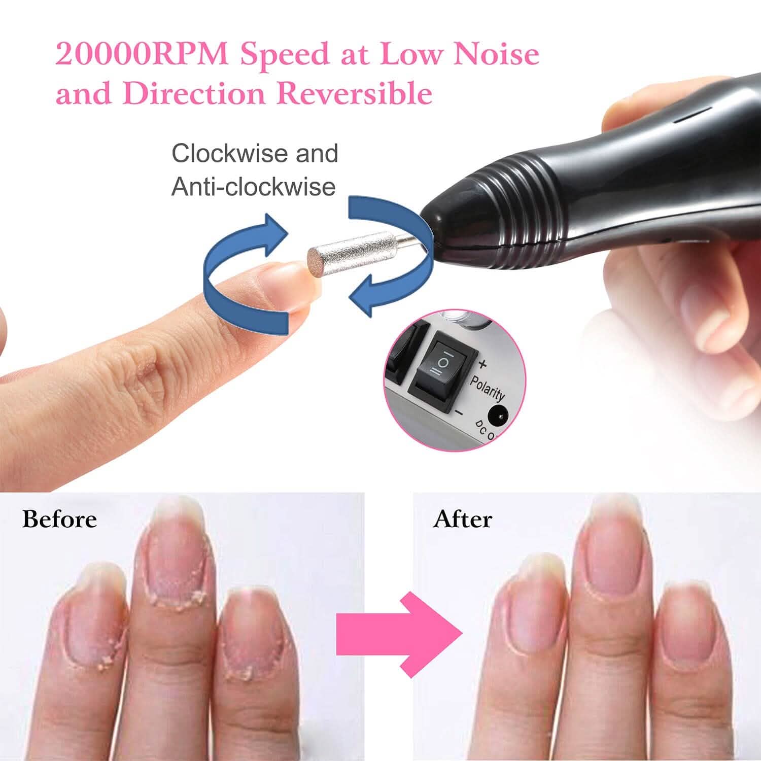 Ponceuse à Ongles Électrique 20000 tr/min avec 6 Embouts pour Manucure et Pédicure