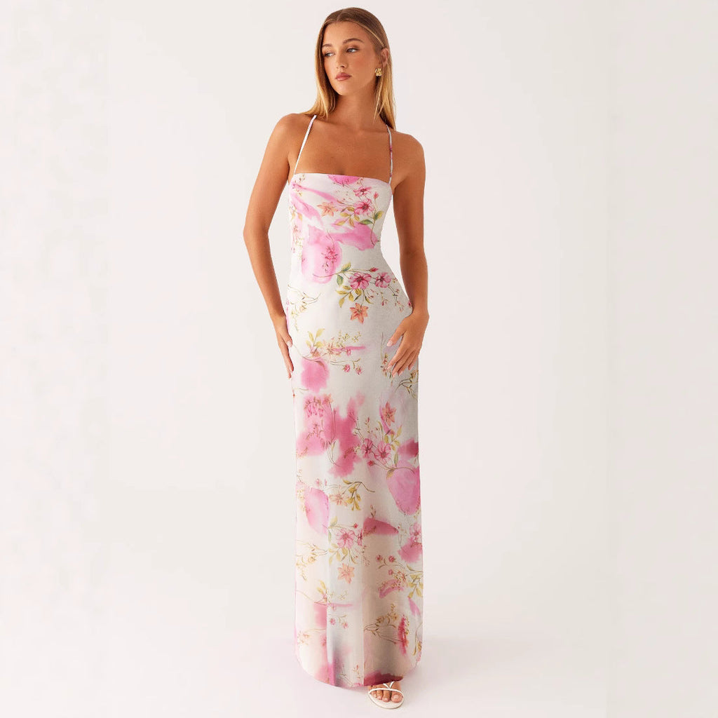 Robe longue moulante sans manches à bretelles imprimée | Taille haute