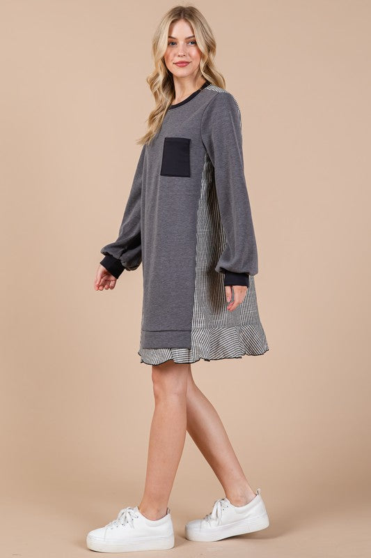 Robe Pull Éponge Femme Col Rond Rayée Patchwork – Décontractée, Tendance, Confortable, Ludique, Ambiance Relax pour Tous les Jours