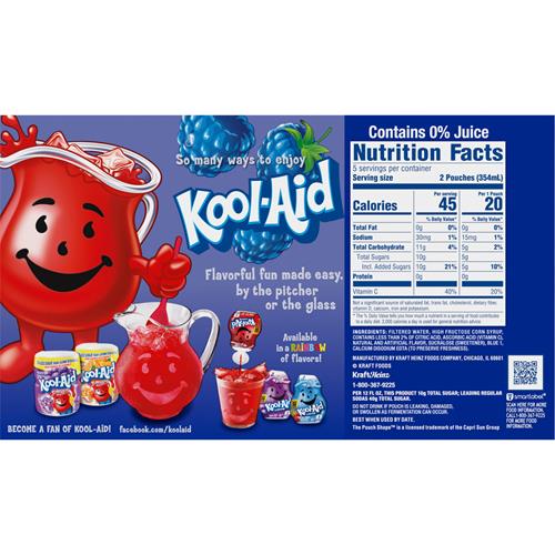 Boisson aromatisée à la framboise bleue Kool-Aid Jammers, boîte de 10 unités, sachets de 17,7 cl
