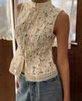 Haut sans manches en crochet et dentelle à col montant, coupe ajustée – 3 couleurs, tailles S-L