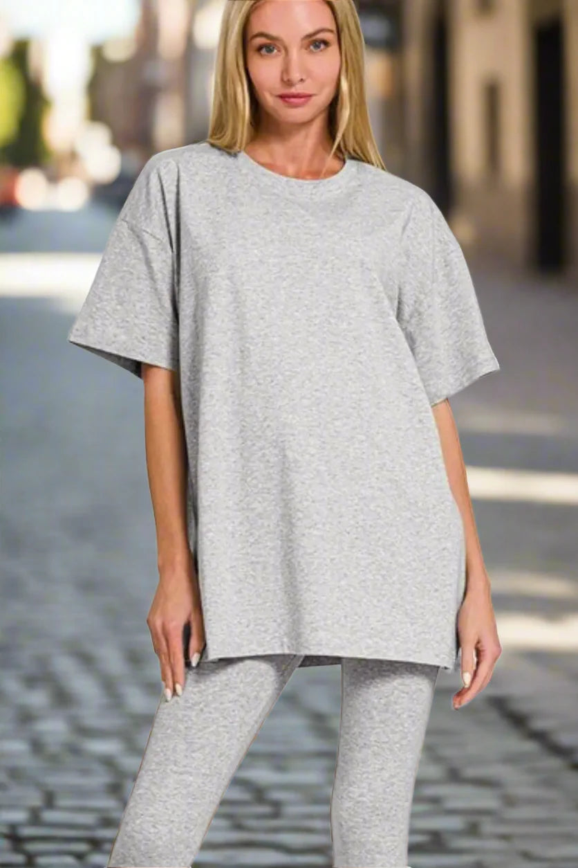 Ensemble haut et legging en coton à col rond Zenana