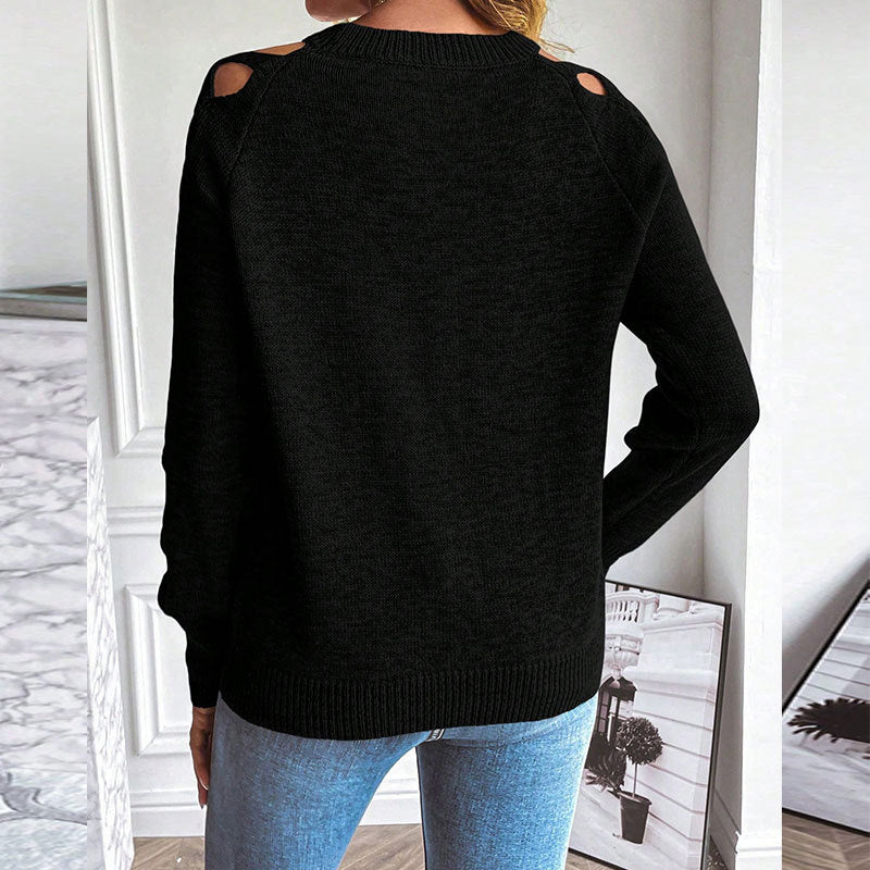 Pull décontracté à manches longues ajouré pour femme