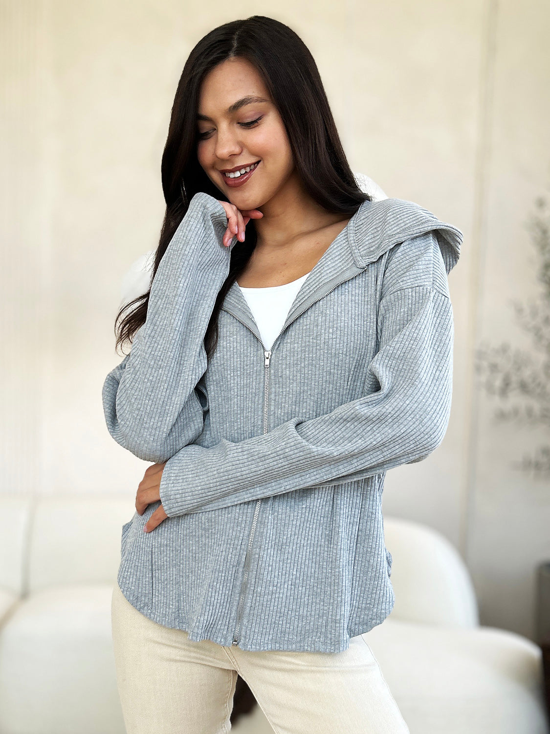 Veste à Capuche Zippée Côtelée avec Cordon de Serrage Culture Code pour Femme - Veste Tendance avec Capuche Réglable pour Femme