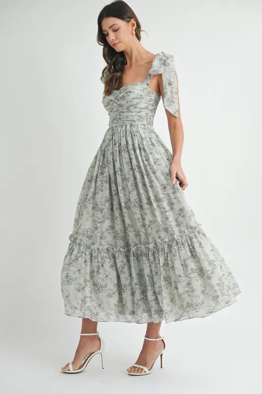 Robe midi froncée à imprimé floral et bretelles à nouer pour femme – Robe midi froncée pour l'été, Robe à imprimé floral, Robe à bretelles à nouer, Robe midi féminine, Robe chic pour événements