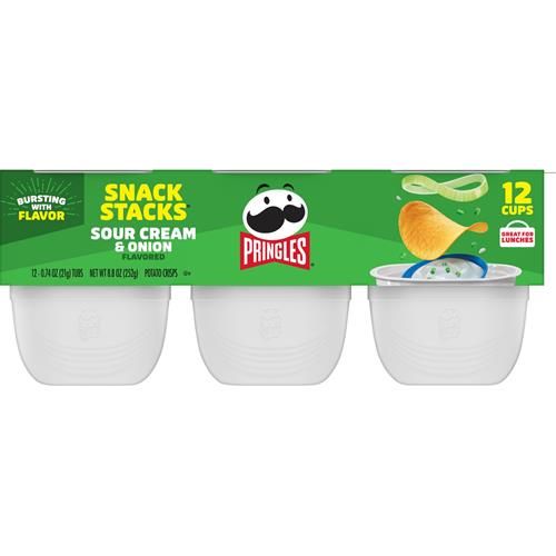 Pringles Chips de pommes de terre, collations pour le déjeuner, collations sur le pouce, paquets de collations, Crème sure et oignon, plateau de 249 g (12 tasses)