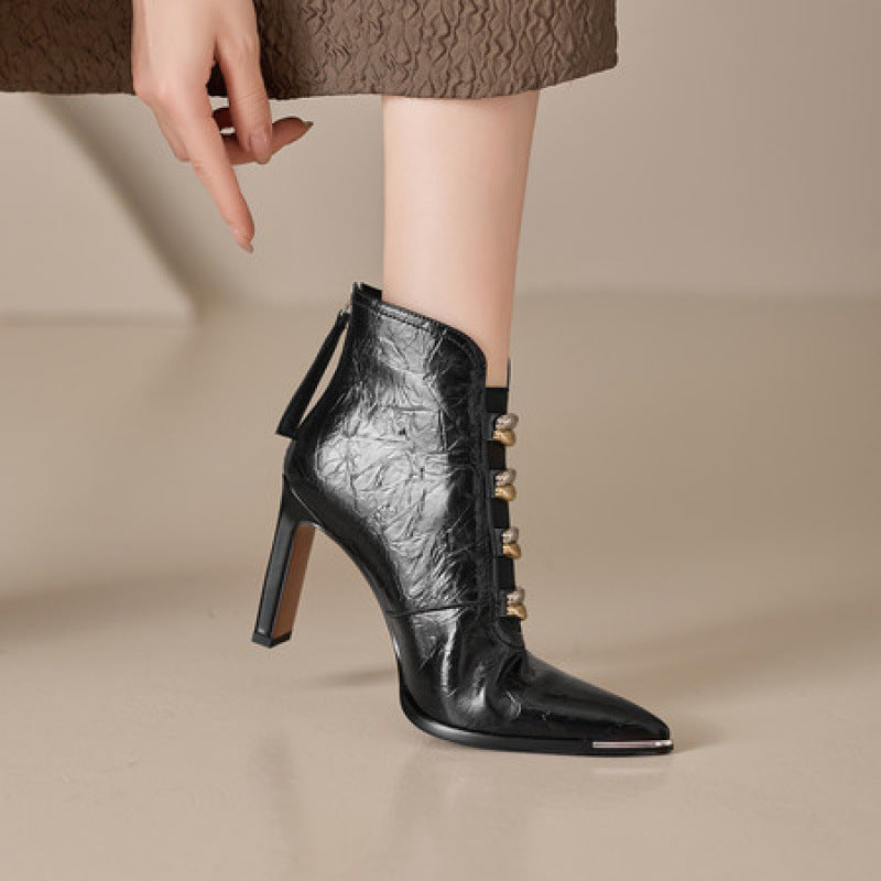 Bottes courtes en satin à bout pointu et talon carré pour femme – Talon ultra haut