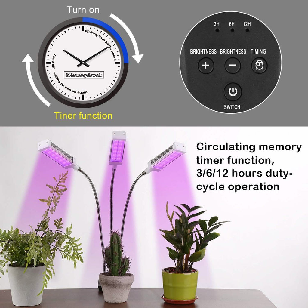 Lampes de croissance à 3 têtes réglables pour plantes d'intérieur avec minuteur