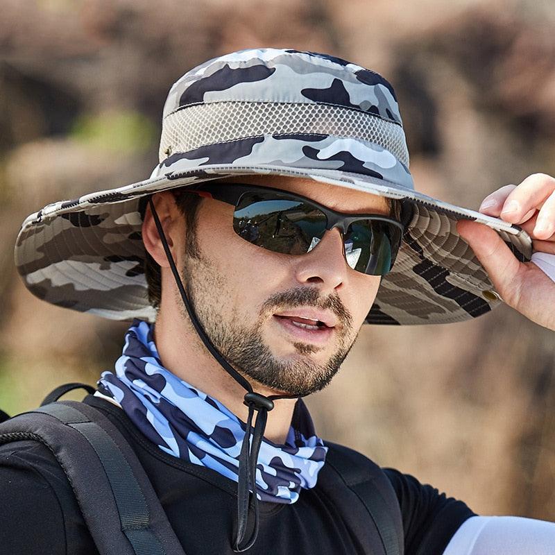 Bob réglable pour homme Chapeau de soleil respirant d'été à la mode pour la pêche en extérieur Chapeau à large bord Protection solaire Casquette homme Chapeaux de soleil de voyage Chapeau de pêche Chapeau d'alpinisme réglable 58-60cm